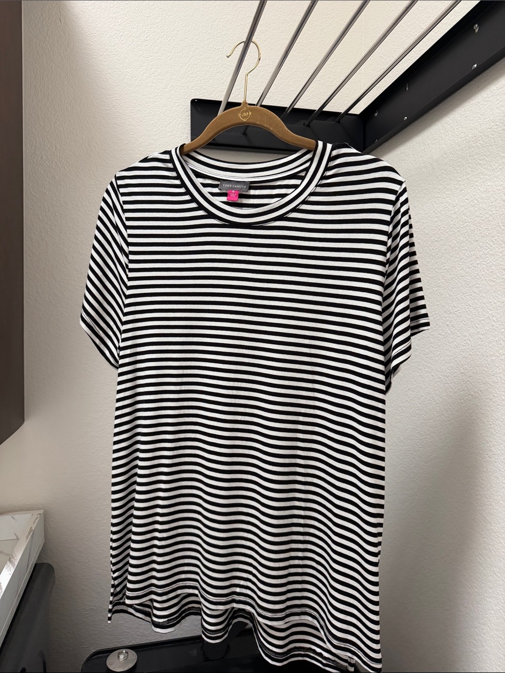 Vince Camuto Black & White Striped Crew Neck high-low tee for women